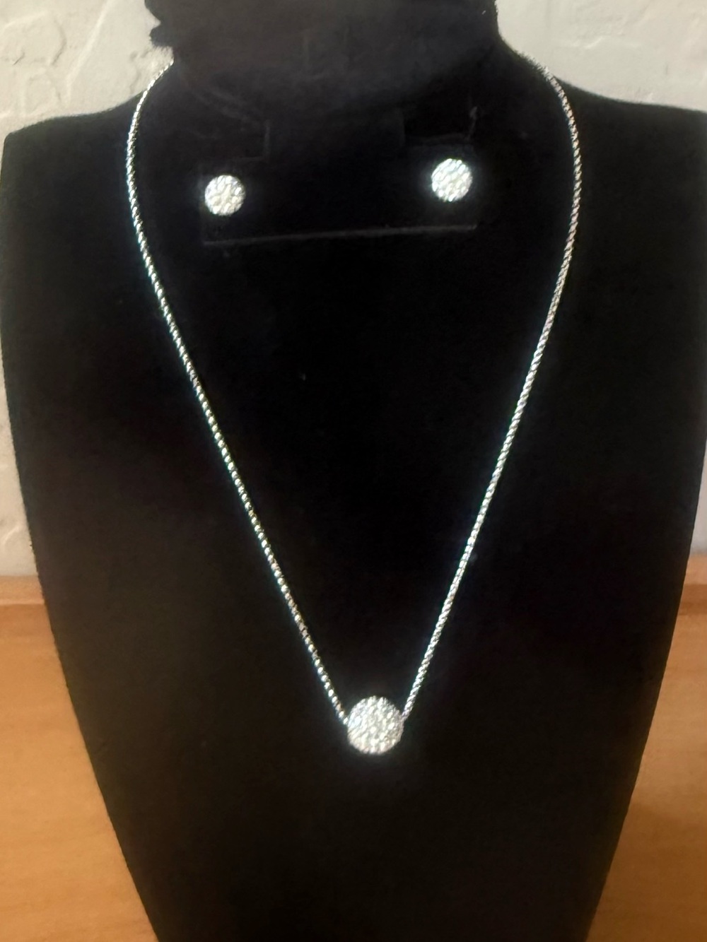Silver Tone Necklace & Stud Earrings Set Pavé Pendant Adjustable 16.5”+ Extender